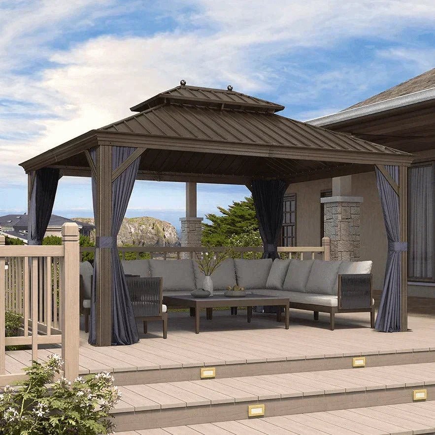 Outdoor Hardtop Gazebo for Patio Bronze Aluminum Frame Pavilion with Navy-Blue Curtain and String Lights-milky - Image 68
