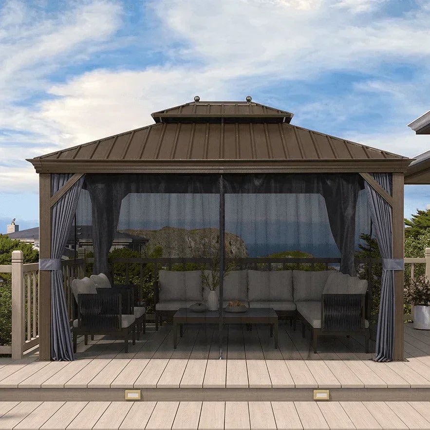 Outdoor Hardtop Gazebo for Patio Bronze Aluminum Frame Pavilion with Navy-Blue Curtain - Image 96