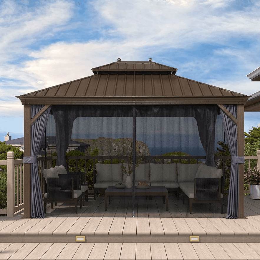 Outdoor Hardtop Gazebo for Patio Bronze Aluminum Frame Pavilion with Navy-Blue Curtain and String Lights-clear - Image 75