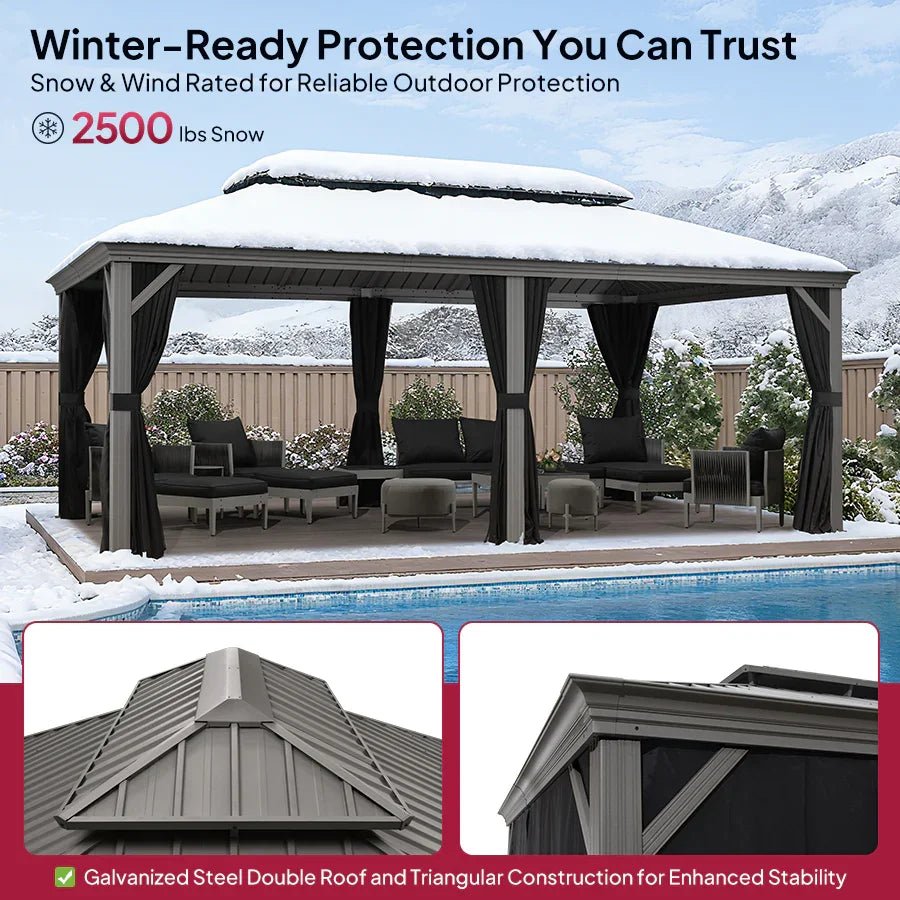 Patio Gazebo for Pool Light Grey Hardtop Galvanized Steel Roof with String Lights-clear - Image 79
