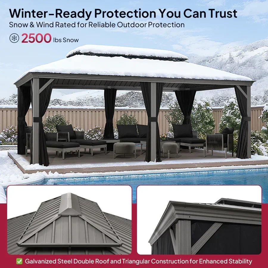 Patio Gazebo for Pool Light Grey Hardtop Galvanized Steel Roof with String Lights-milky - Image 73