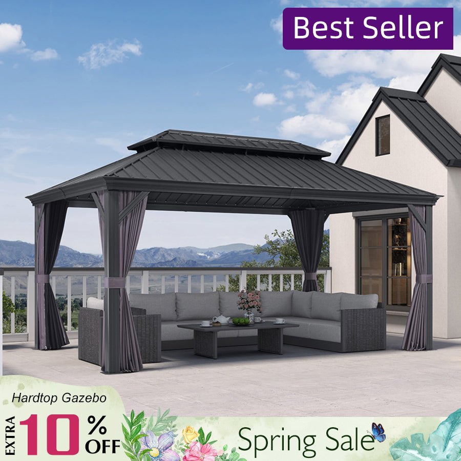 Patio Gazebo for Backyard Grey Hardtop Galvanized Steel Roof Awning with Upgrade Curtain - Image 6