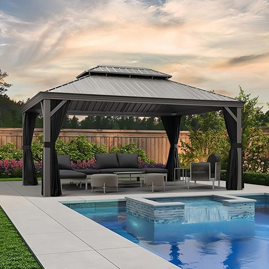 Patio Gazebo for Pool Light Grey Hardtop Galvanized Steel Roof with Upgraded Curtains - Image 50