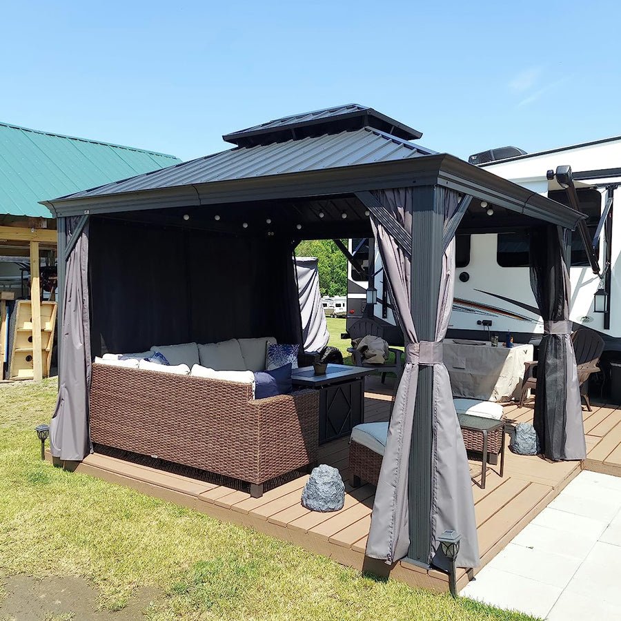 Patio Gazebo for Backyard Grey Hardtop Galvanized Steel Roof Awning with Upgrade Curtain - Image 100