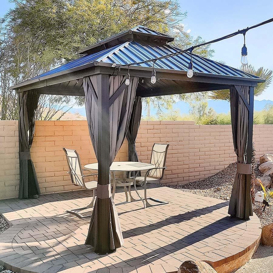 Patio Gazebo for Backyard Grey Hardtop Galvanized Steel Roof Awning with Upgrade Curtain - Image 88