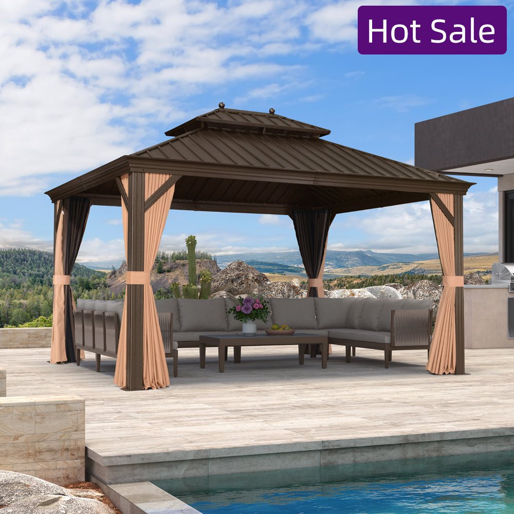 Outdoor Hardtop Gazebo for Garden Bronze Double Roof Aluminum Frame Pavilion