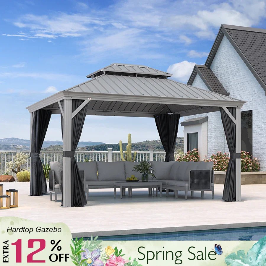 Patio Gazebo for Pool Light Grey Hardtop Galvanized Steel Roof with Upgraded Curtains - Image 14