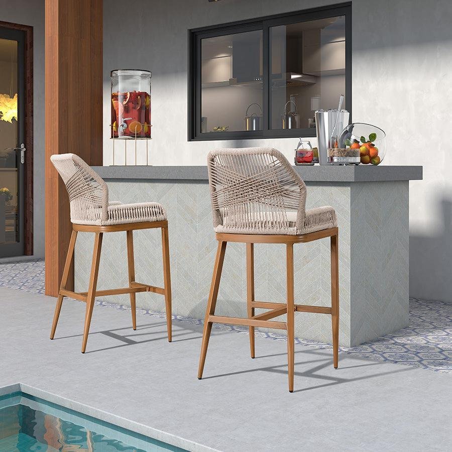 Bar Stools Set of 4 Outdoor Aluminum Barstools with Back Modern Wicker Rattan Boho Garden Pool Patio Bar Chairs - Image 12