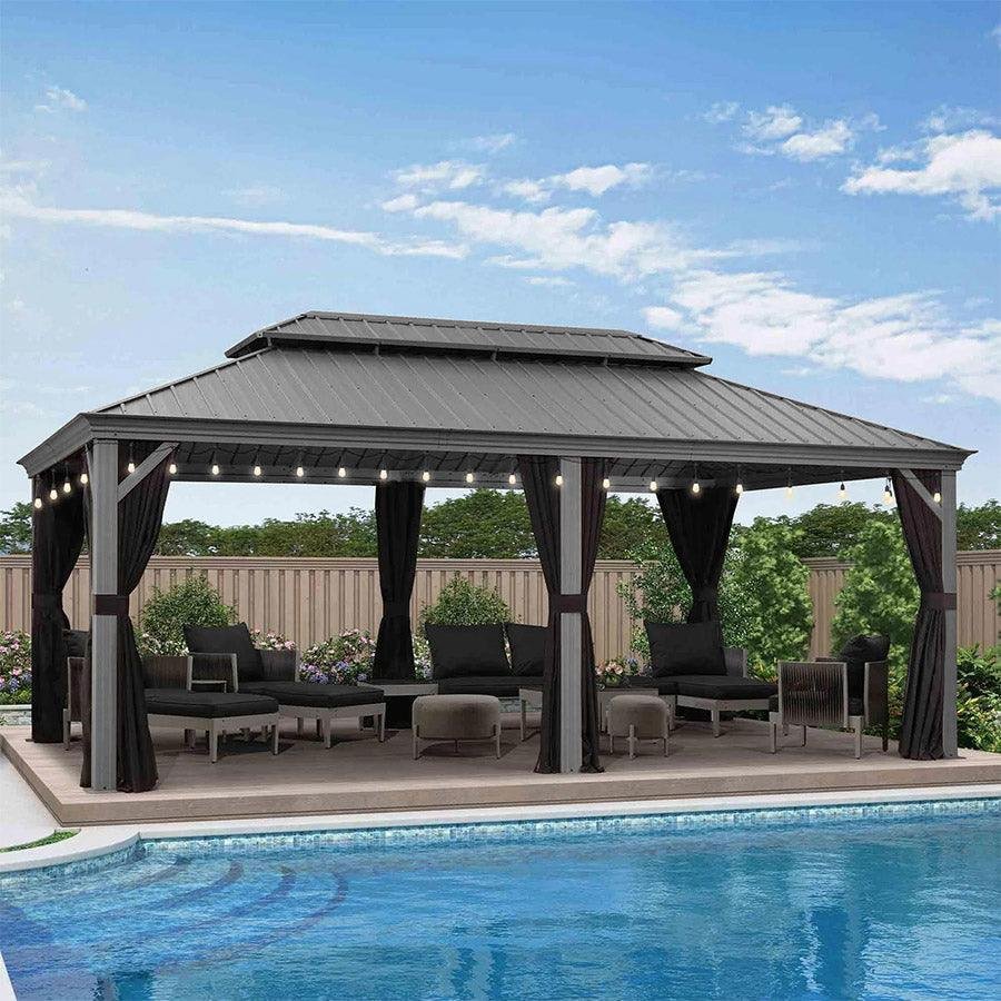 Patio Gazebo for Pool Light Grey Hardtop Galvanized Steel Roof with String Lights-clear - Image 8