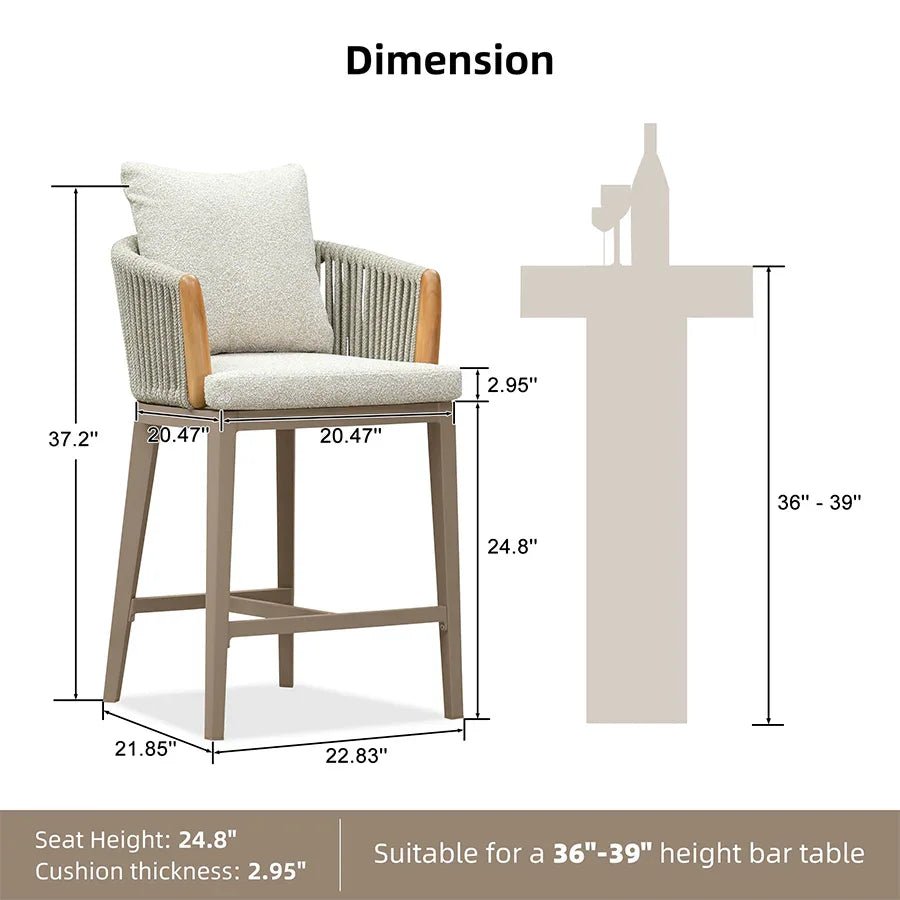 Hailar Outdoor Bar Stools Chair Modern Rattan Bar Stool with Back and Cushion for Balcony, Indoor or Outdoor, Kitchen Island - Image 9