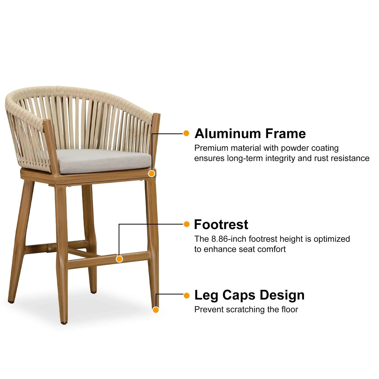 Counter Stools Bar Stools Rattan Bar Stools Wicker Bar Chairs Woven Aluminum Barstools with Back and Cushions - Image 84