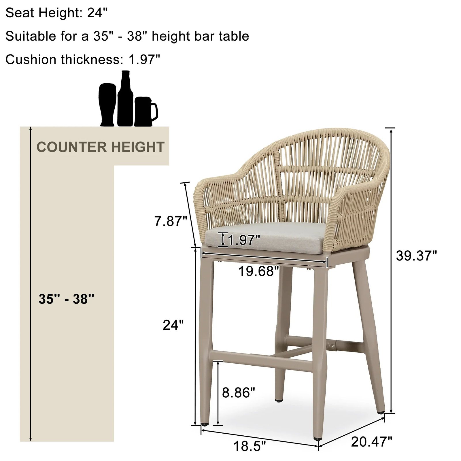 Outdoor Bar Stools Rattan Bar Stools Counter Stools with Back and Cushions  for Patio, Garden, Kitchen - Image 42