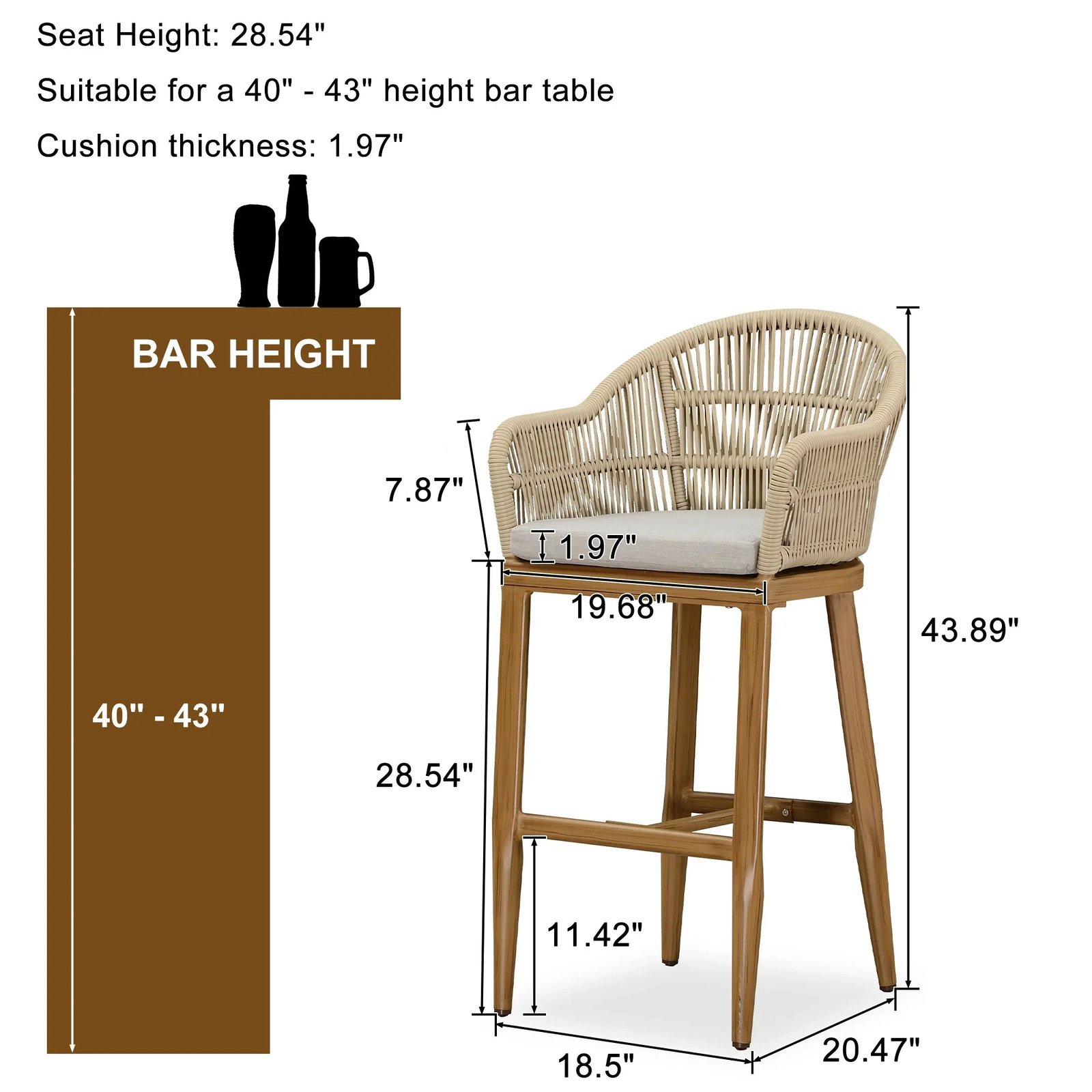 Outdoor Bar Stools Rattan Bar Stools Counter Stools with Back and Cushions  for Patio, Garden, Kitchen - Image 37