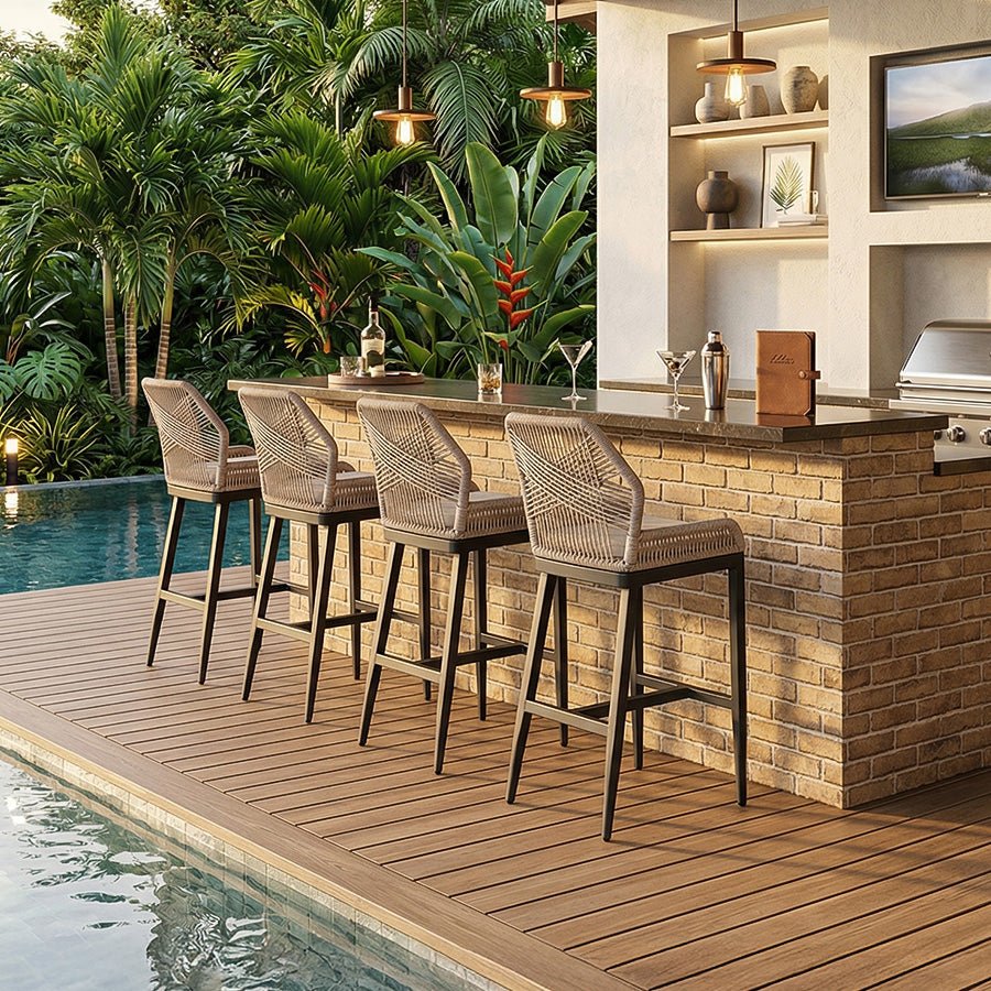 Bar Stools Set of 4 Outdoor Aluminum Barstools with Back Modern Wicker Rattan Boho Garden Pool Patio Bar Chairs - Image 60
