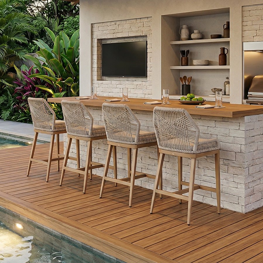 Bar Stools Set of 4 Outdoor Aluminum Barstools with Back Modern Wicker Rattan Boho Garden Pool Patio Bar Chairs - Image 62