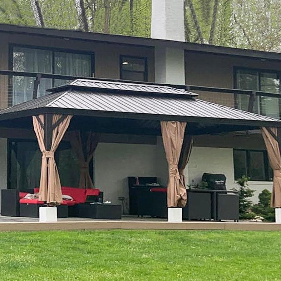 Outdoor Hardtop Gazebo for Garden Bronze Double Roof Aluminum Frame Pavilion with String Lights-milky - Image 57