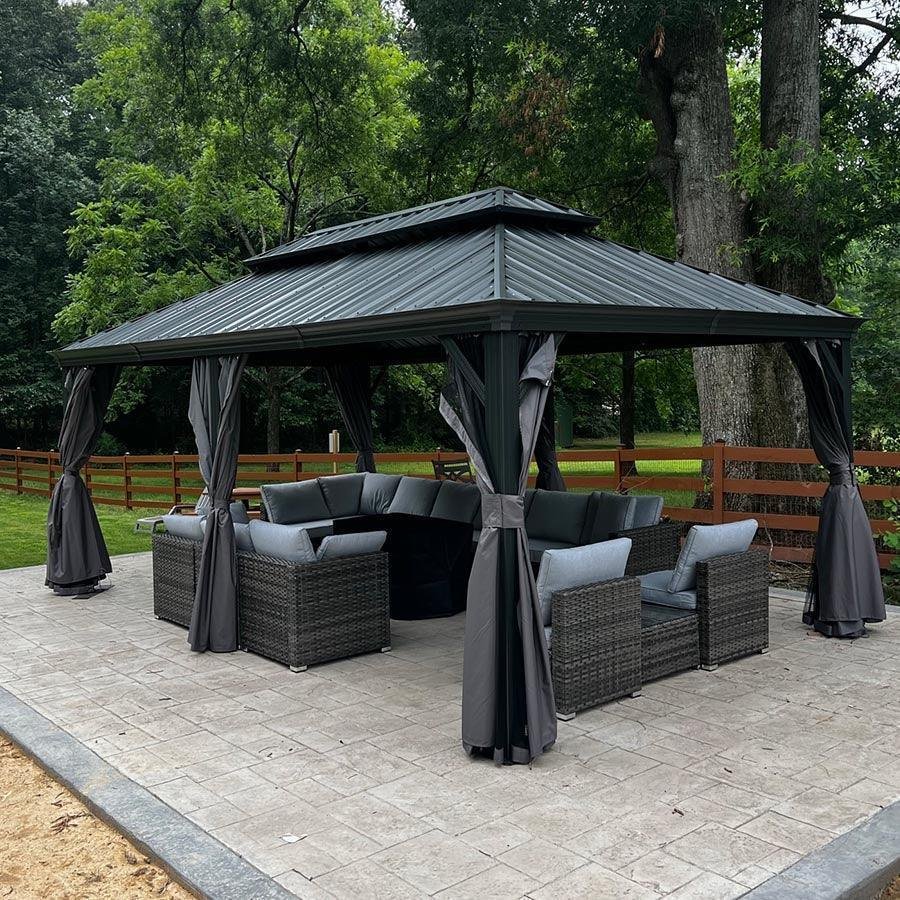 Patio Gazebo for Backyard Grey Hardtop Galvanized Steel Roof Awning with Upgrade Curtain - Image 89