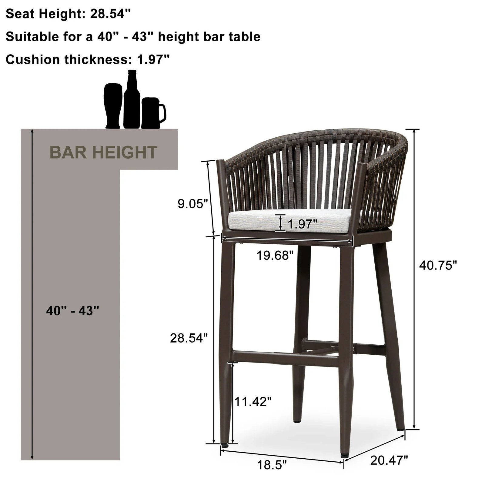 Counter Stools Bar Stools Rattan Bar Stools Wicker Bar Chairs Woven Aluminum Barstools with Back and Cushions - Image 75