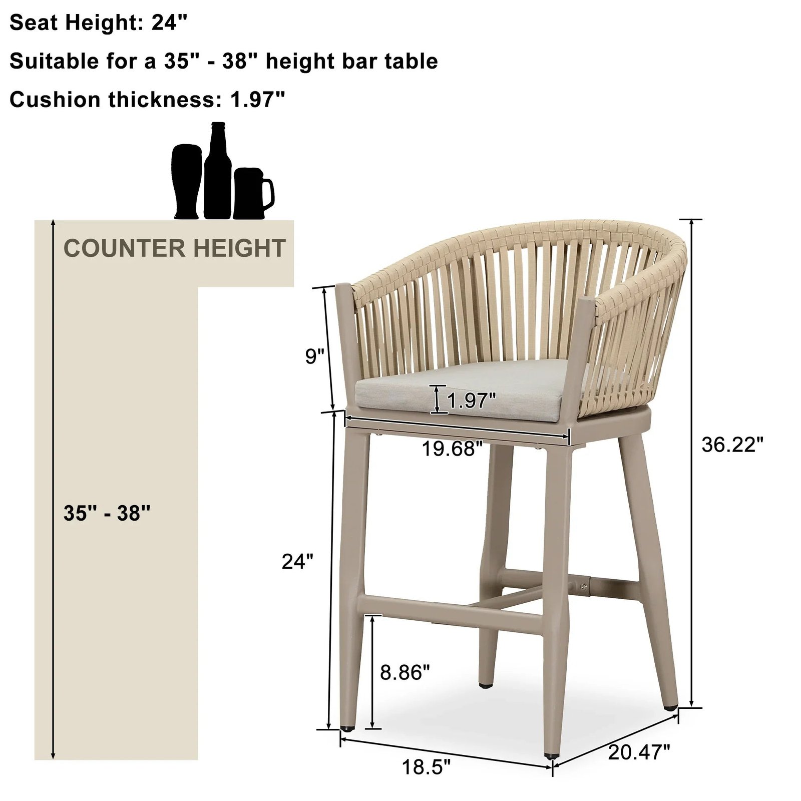 Counter Stools Bar Stools Rattan Bar Stools Wicker Bar Chairs Woven Aluminum Barstools with Back and Cushions - Image 77