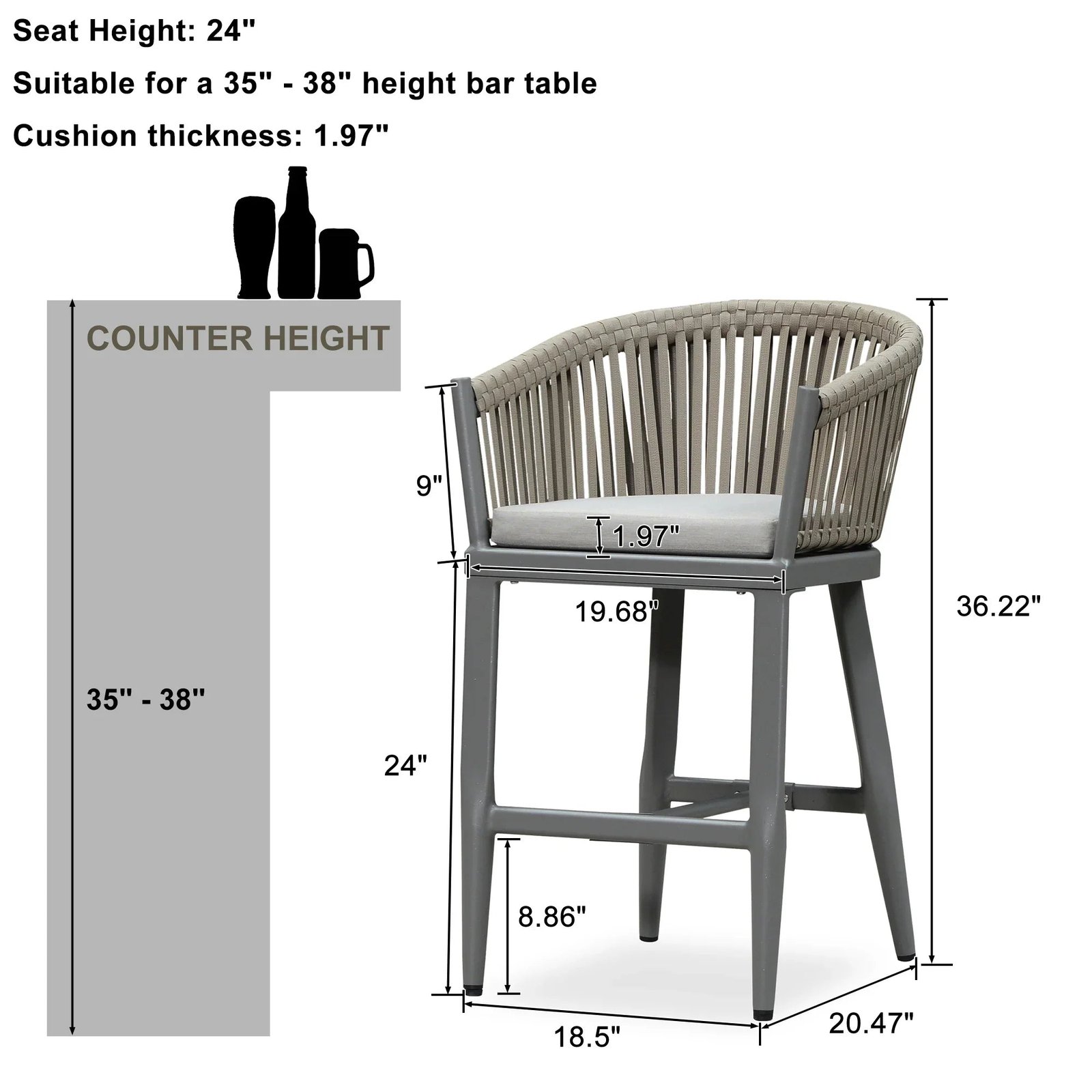 Counter Stools Bar Stools Rattan Bar Stools Wicker Bar Chairs Woven Aluminum Barstools with Back and Cushions - Image 76