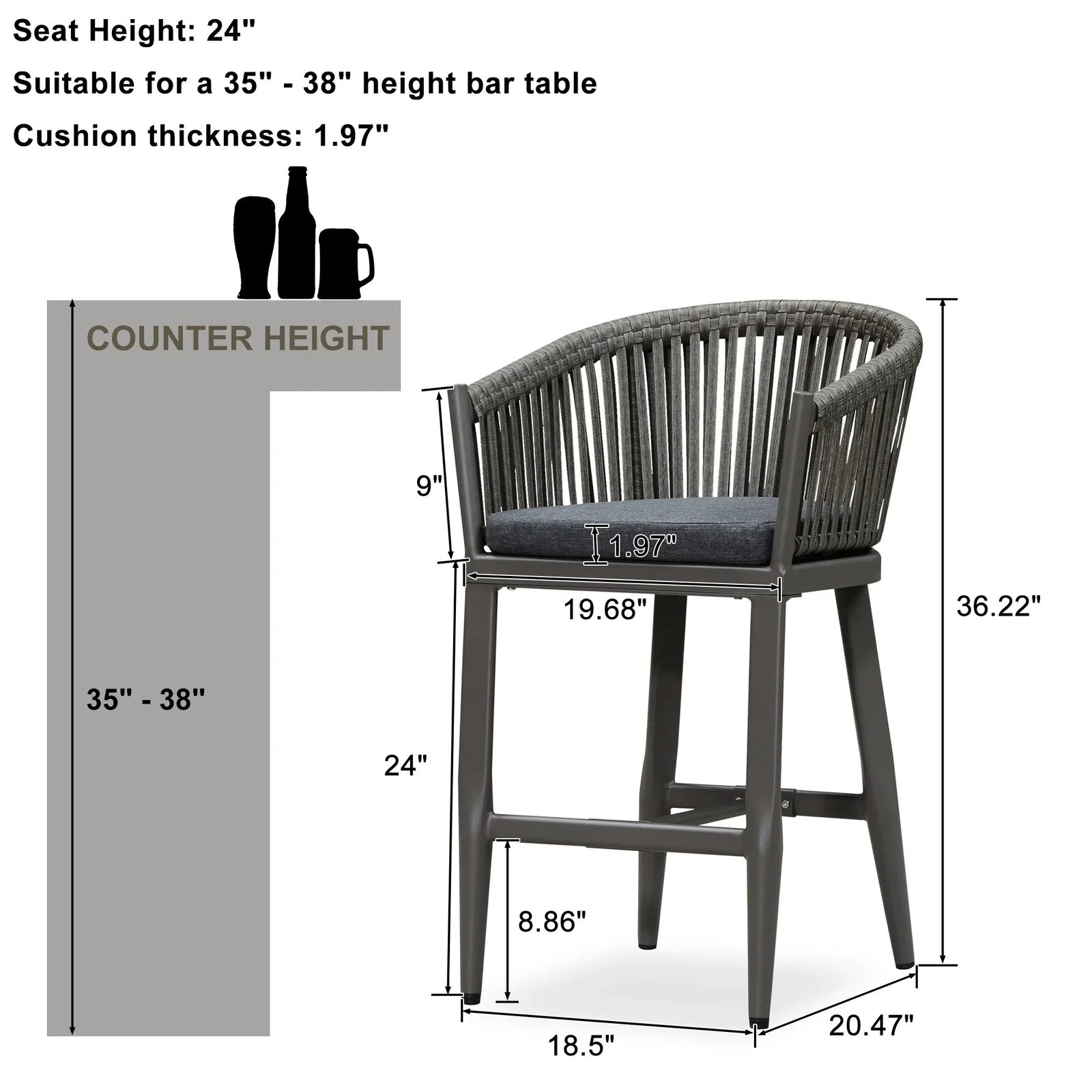 Counter Stools Bar Stools Rattan Bar Stools Wicker Bar Chairs Woven Aluminum Barstools with Back and Cushions - Image 72