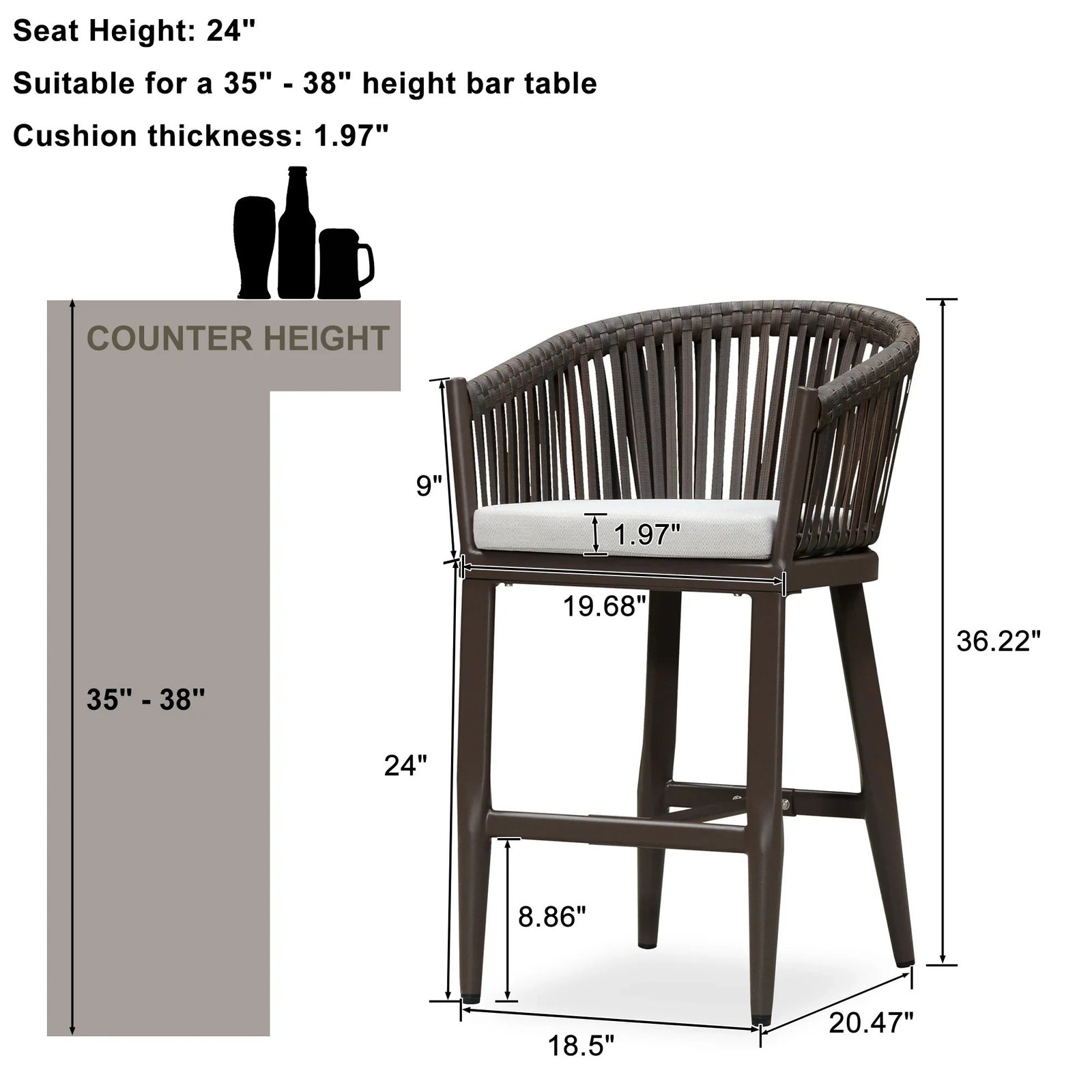 Counter Stools Bar Stools Rattan Bar Stools Wicker Bar Chairs Woven Aluminum Barstools with Back and Cushions - Image 70