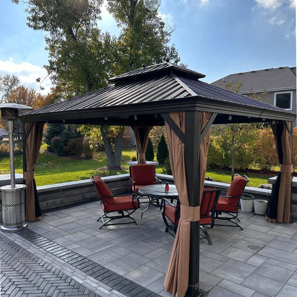 Outdoor Hardtop Gazebo for Garden Bronze Double Roof Aluminum Frame Pavilion with String Lights-milky - Image 43