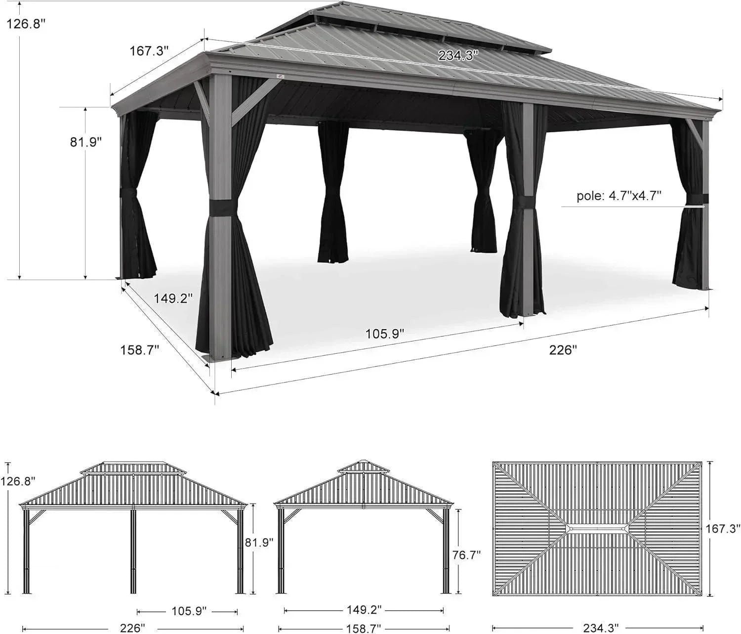 Patio Gazebo for Pool Light Grey Hardtop Galvanized Steel Roof with Upgraded Curtains - Image 47