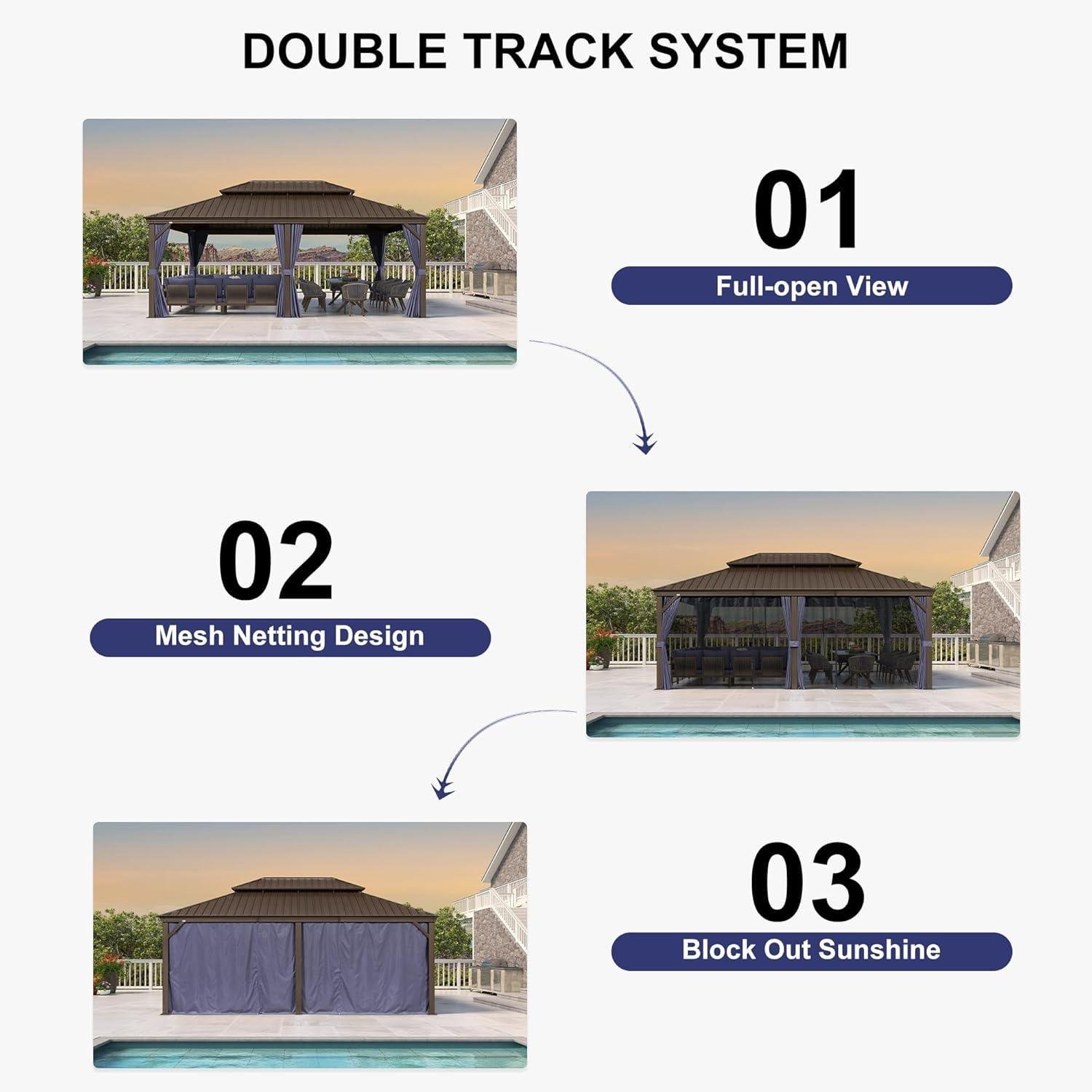Outdoor Hardtop Gazebo for Patio Bronze Aluminum Frame Pavilion with Navy-Blue Curtain and String Lights-clear - Image 73