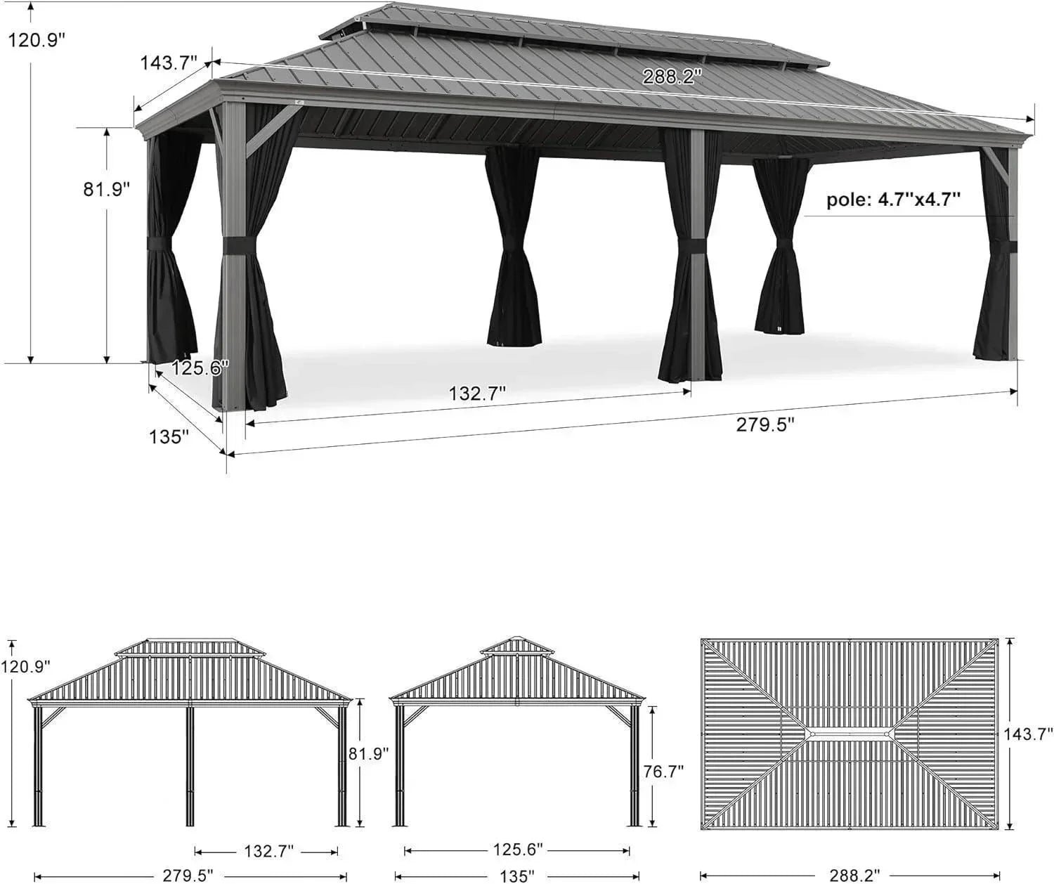 Patio Gazebo for Pool Light Grey Hardtop Galvanized Steel Roof with Upgraded Curtains - Image 48