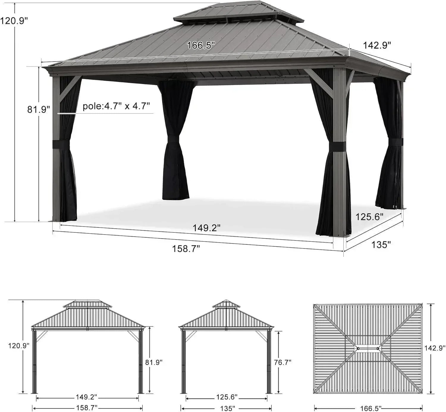 Patio Gazebo for Pool Light Grey Hardtop Galvanized Steel Roof with Upgraded Curtains - Image 44
