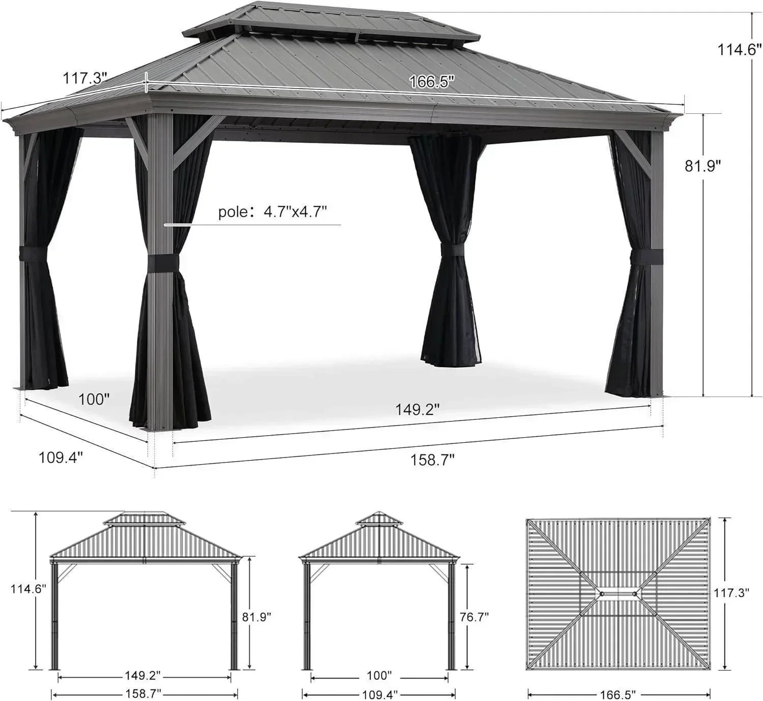 Patio Gazebo for Pool Light Grey Hardtop Galvanized Steel Roof with Upgraded Curtains - Image 43