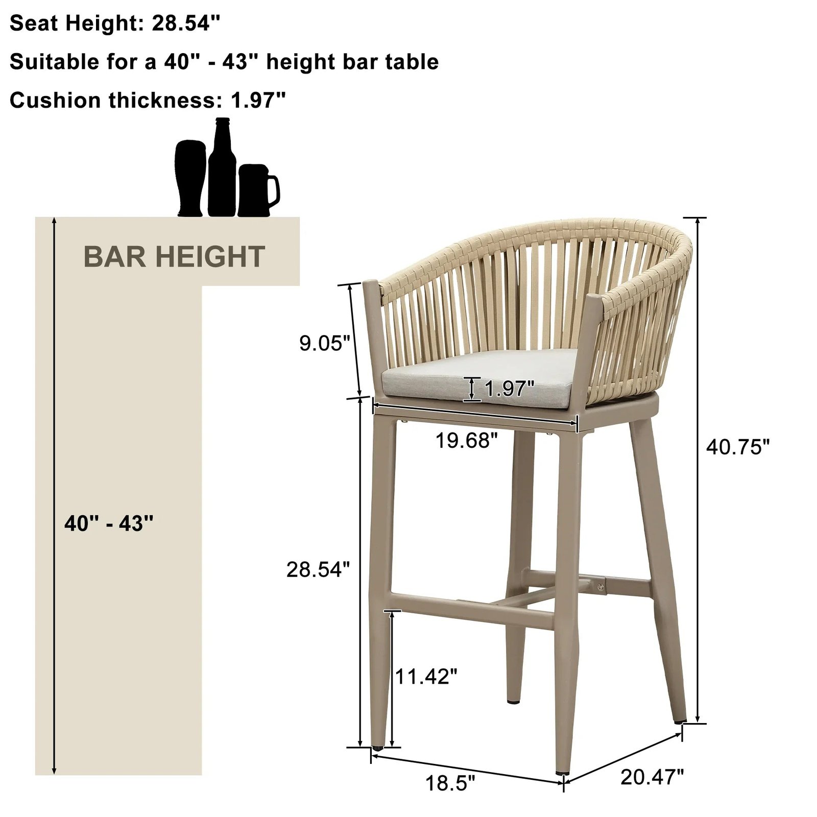 Counter Stools Bar Stools Rattan Bar Stools Wicker Bar Chairs Woven Aluminum Barstools with Back and Cushions - Image 73