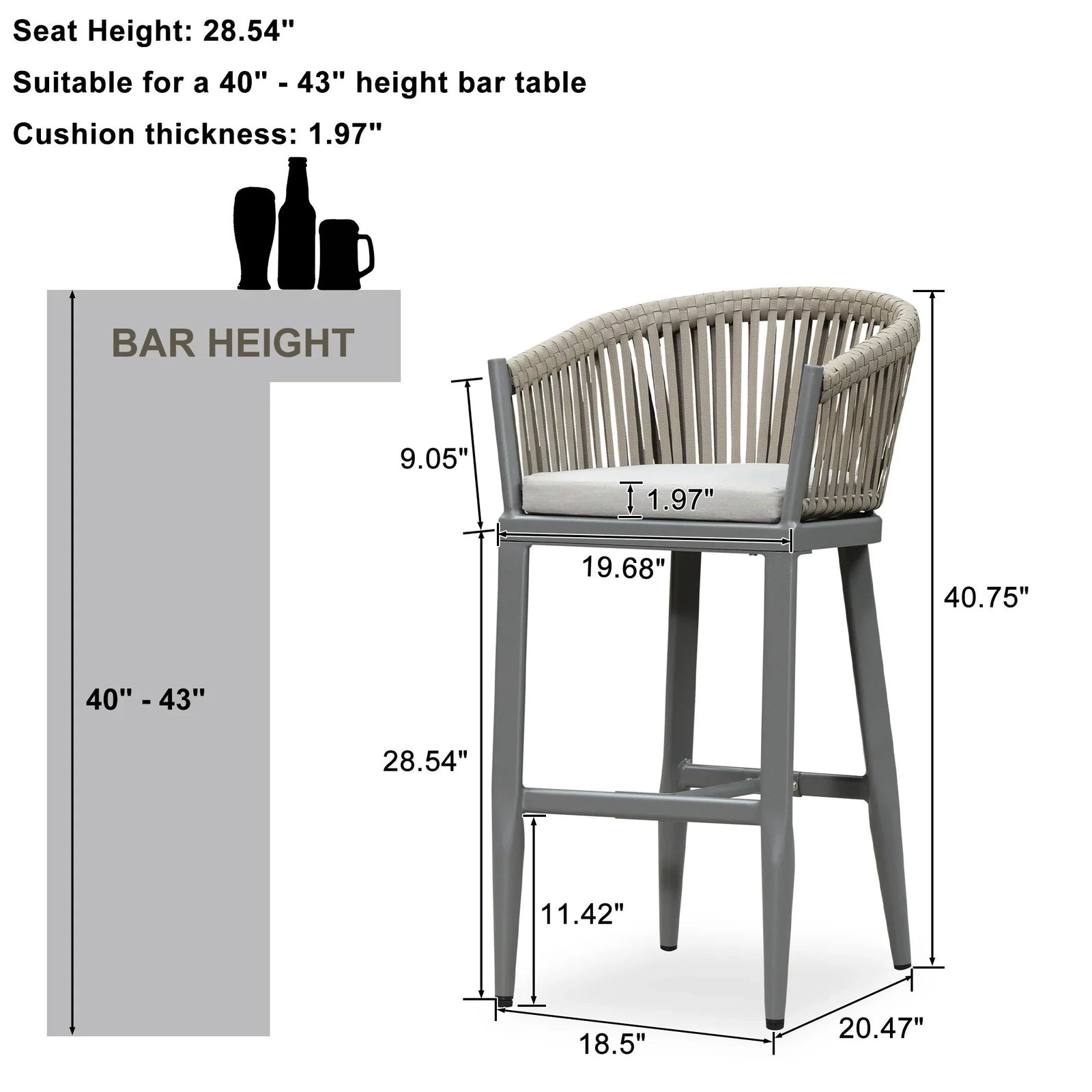 Counter Stools Bar Stools Rattan Bar Stools Wicker Bar Chairs Woven Aluminum Barstools with Back and Cushions - Image 69