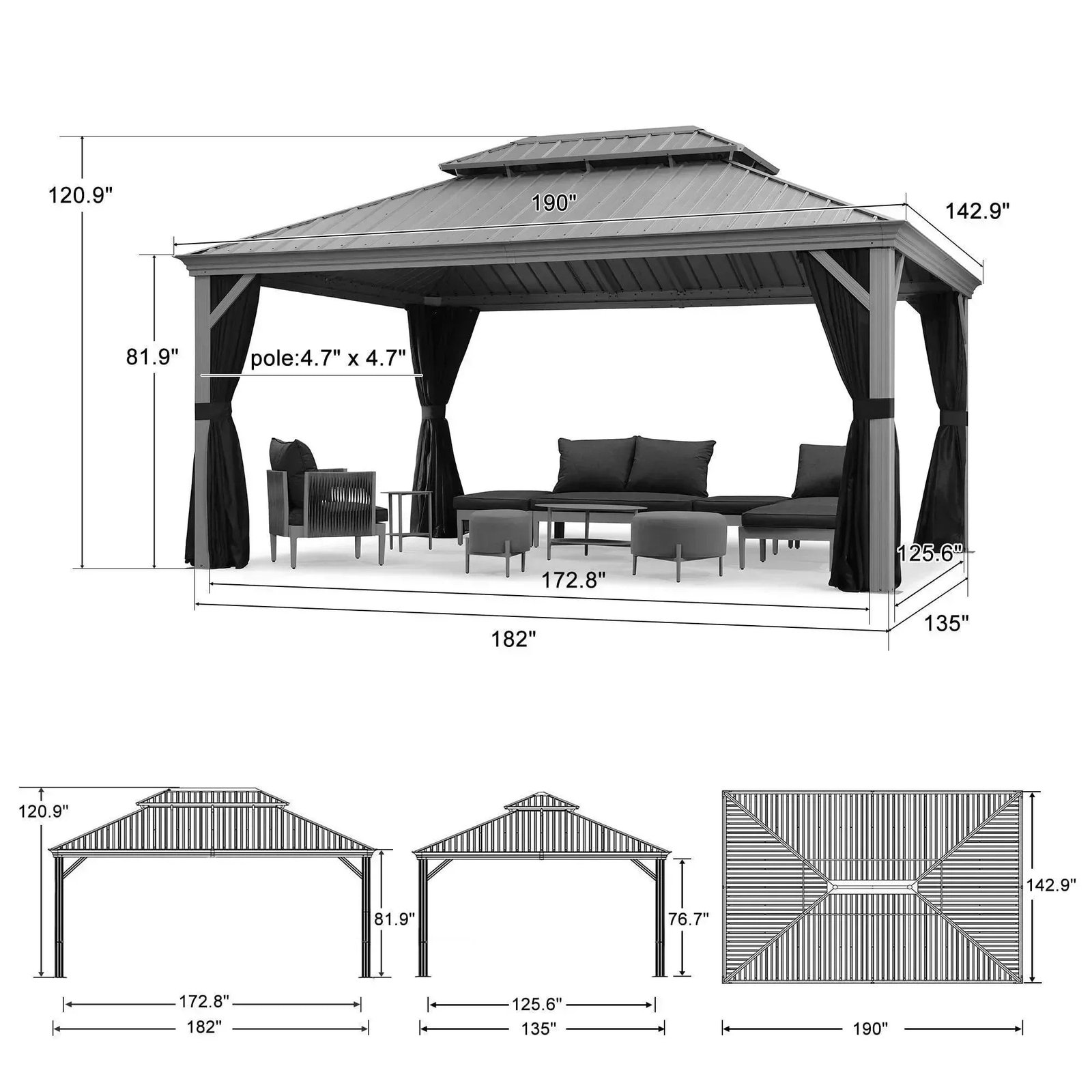 Patio Gazebo for Pool Light Grey Hardtop Galvanized Steel Roof with Upgraded Curtains - Image 45