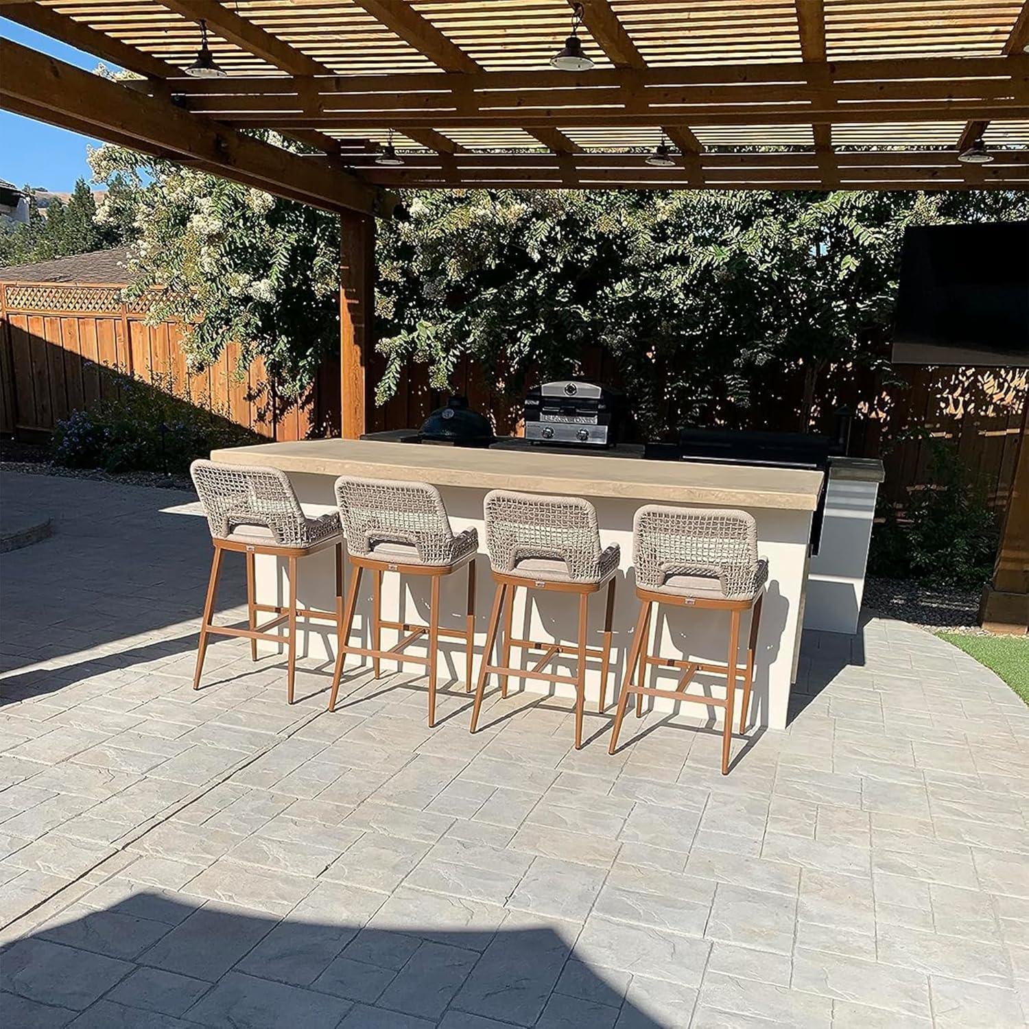 Bar Stools Set of 4 Outdoor Aluminum Barstools with Back Modern Wicker Rattan Boho Garden Pool Patio Bar Chairs - Image 28