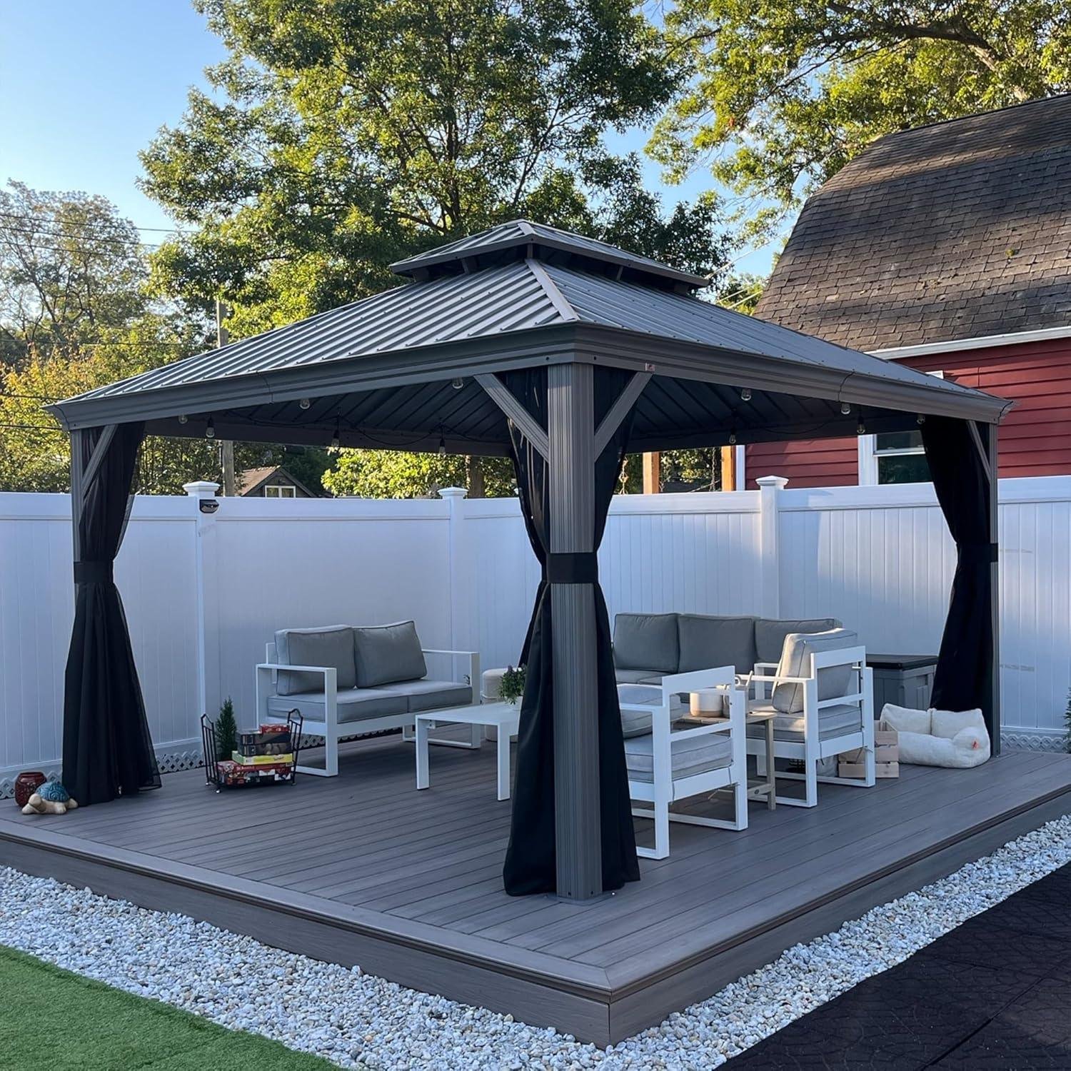 Patio Gazebo for Pool Light Grey Hardtop Galvanized Steel Roof with Upgraded Curtains - Image 102