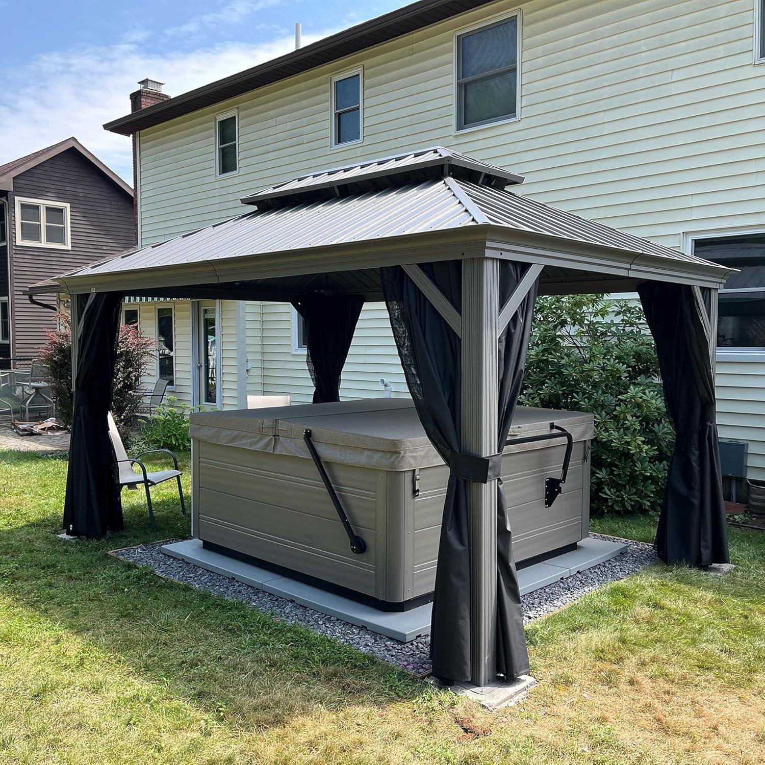 Patio Gazebo for Pool Light Grey Hardtop Galvanized Steel Roof with String Lights-clear - Image 35