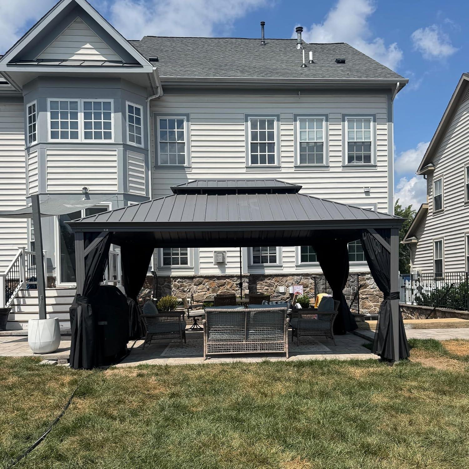Patio Gazebo for Pool Light Grey Hardtop Galvanized Steel Roof with String Lights-milky - Image 74