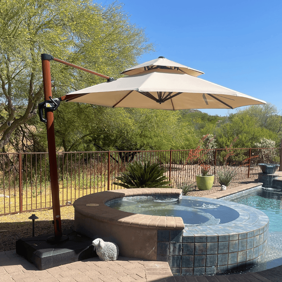Double Top 10 / 11 / 12 / 13 ft Round Aluminum Patio Umbrella in Wood Color - Image 129