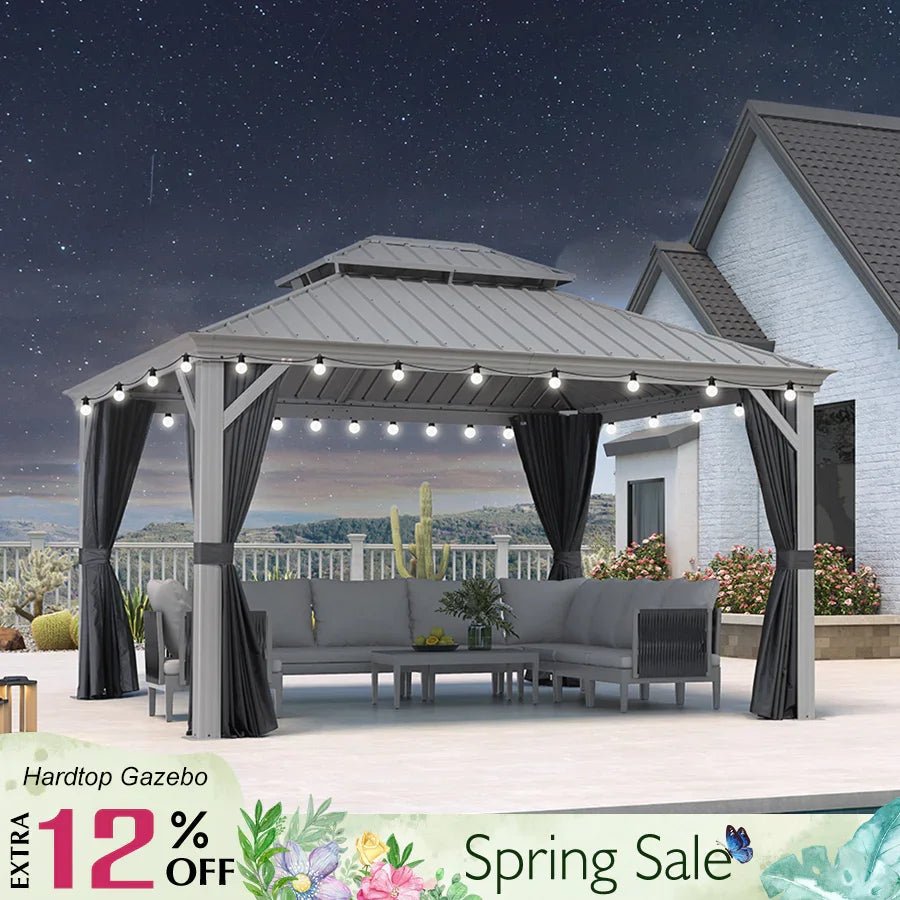Patio Gazebo for Pool Light Grey Hardtop Galvanized Steel Roof with String Lights-milky - Image 15