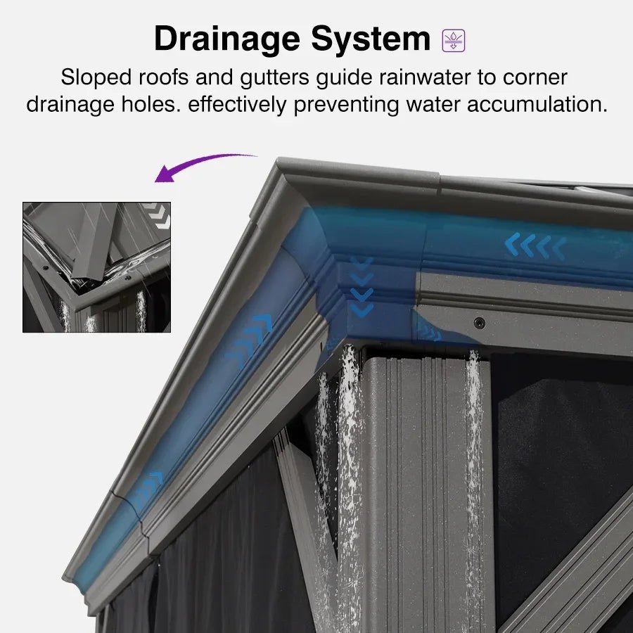 Patio Gazebo for Pool Light Grey Hardtop Galvanized Steel Roof with Upgraded Curtains - Image 4