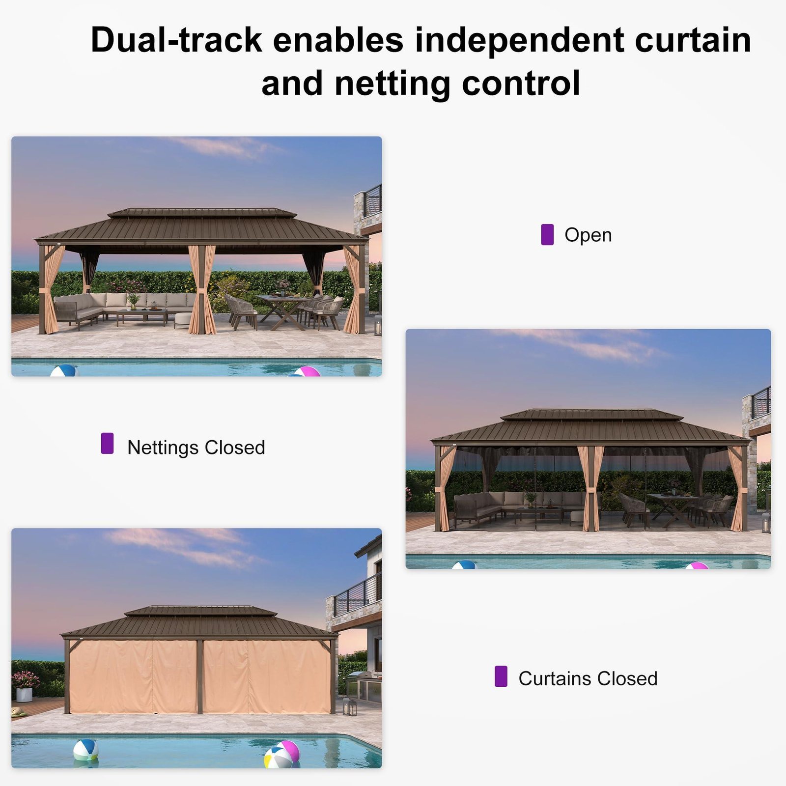 Outdoor Hardtop Gazebo for Garden Bronze Double Roof Aluminum Frame Pavilion with String Lights-milky - Image 60