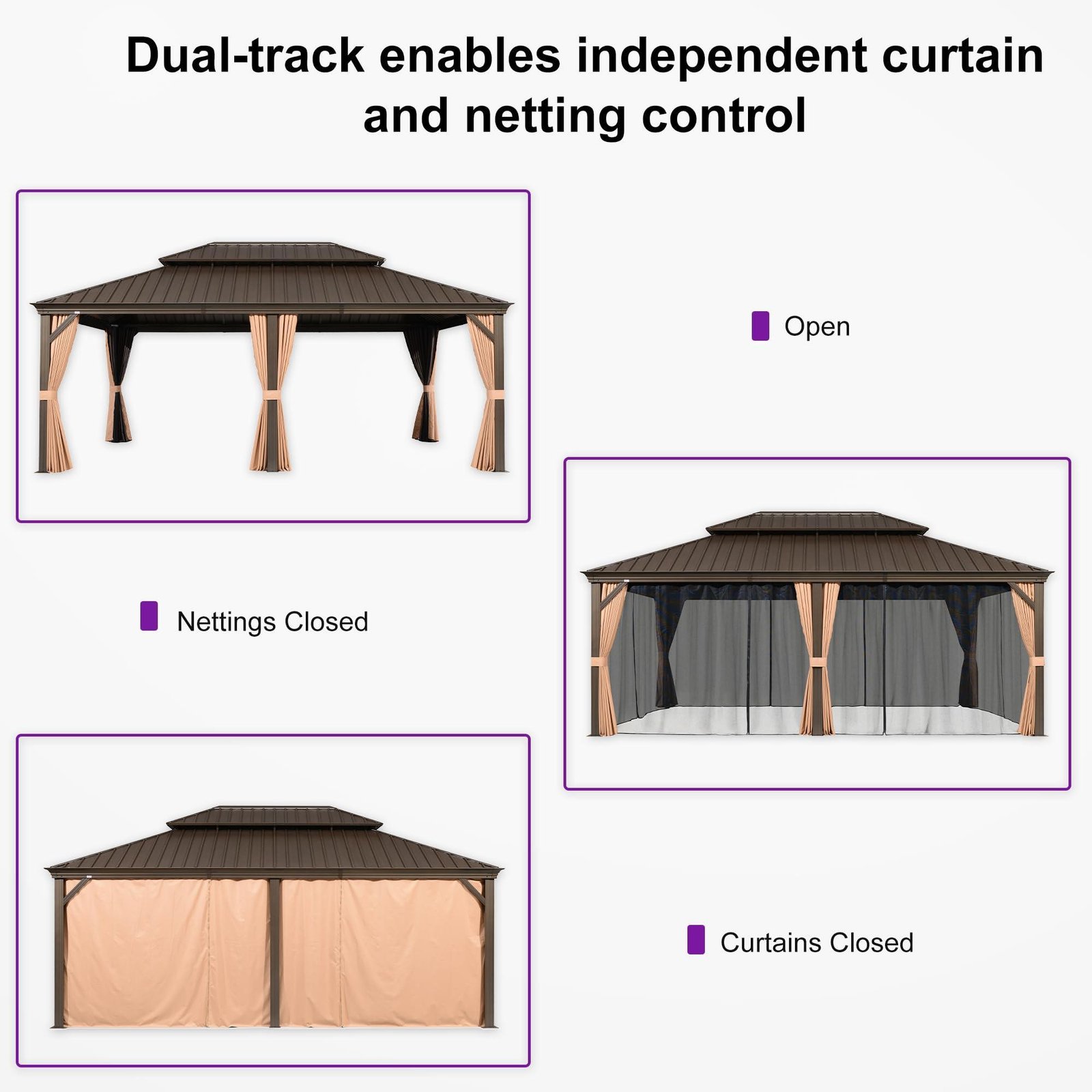 Outdoor Hardtop Gazebo for Garden Bronze Double Roof Aluminum Frame Pavilion with String Lights-milky - Image 59