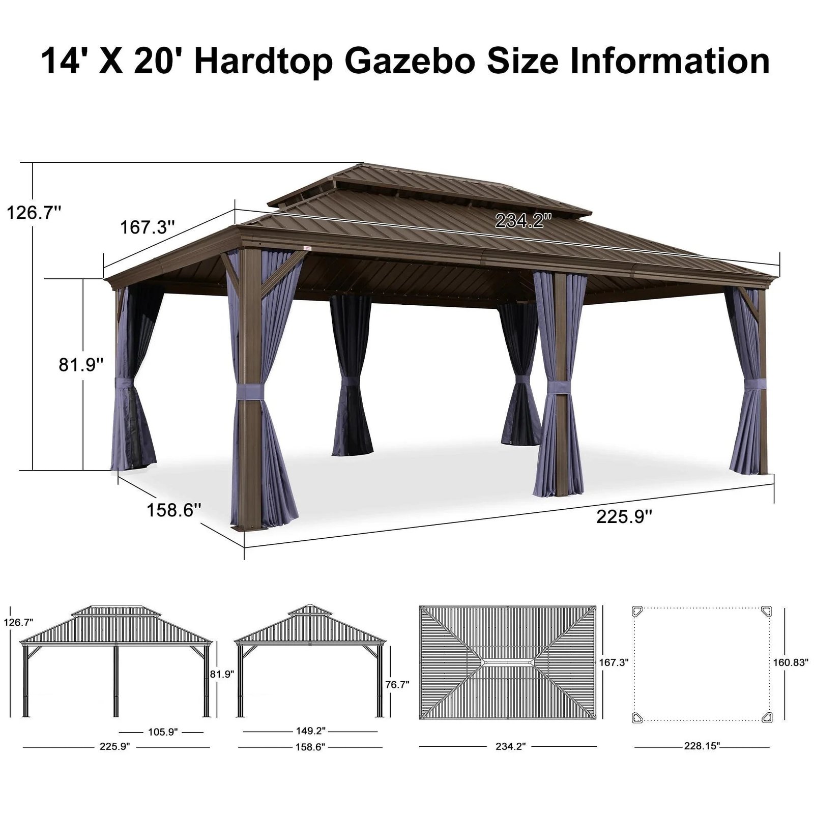 Outdoor Hardtop Gazebo for Patio Bronze Aluminum Frame Pavilion with Navy-Blue Curtain - Image 87