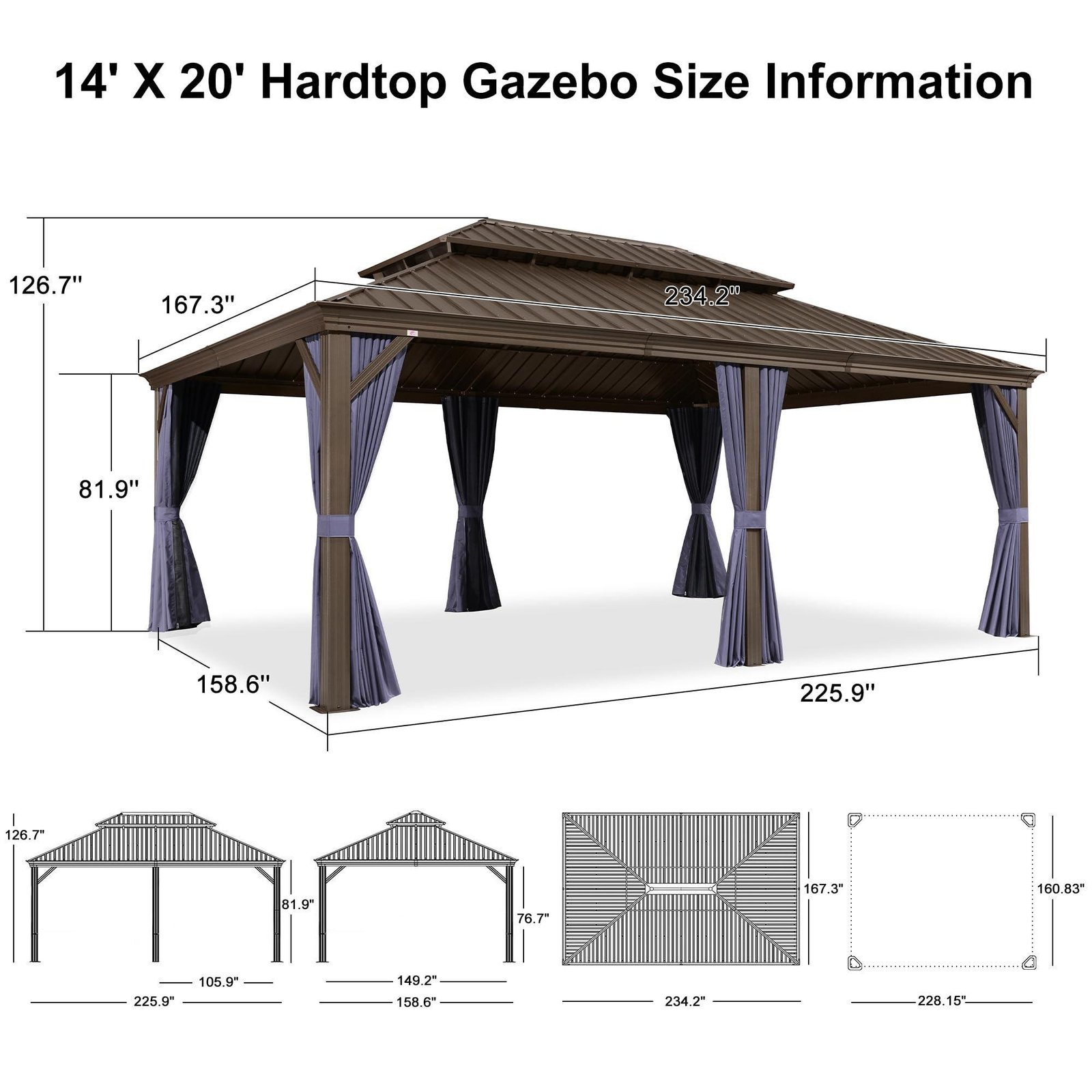 Outdoor Hardtop Gazebo for Patio Bronze Aluminum Frame Pavilion with Navy-Blue Curtain and String Lights-milky - Image 52