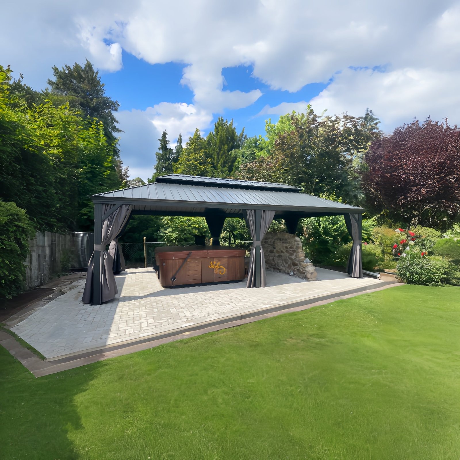 Patio Gazebo for Backyard Grey Hardtop Galvanized Steel Roof Awning with Upgrade Curtain - Image 135