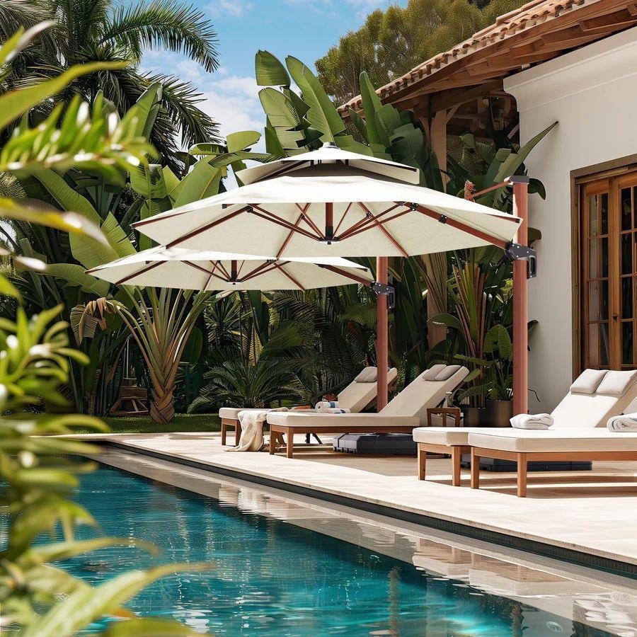 Double Top 10 / 11 / 12 / 13 ft Round Aluminum Patio Umbrella in Wood Color - Image 26