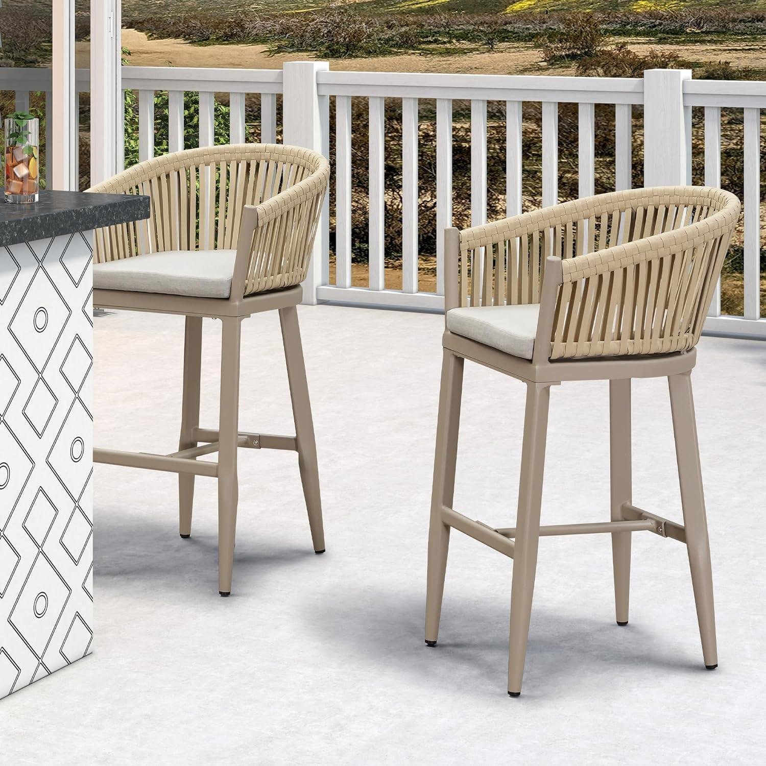 Counter Stools Bar Stools Rattan Bar Stools Wicker Bar Chairs Woven Aluminum Barstools with Back and Cushions - Image 6