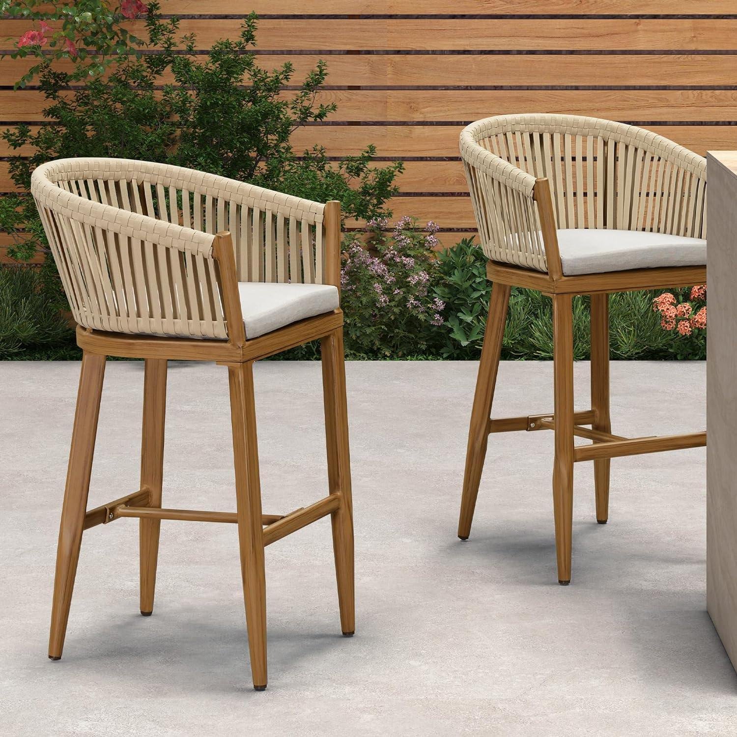 Counter Stools Bar Stools Rattan Bar Stools Wicker Bar Chairs Woven Aluminum Barstools with Back and Cushions - Image 9